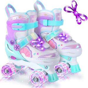 BELEEV Kids Roller Skates for Girls, 4-Size Adjustable Quad Skates with 8 Light-Up LED Wheels & Bonus Shoe Lace, Safe & Fun for Toddlers Children Beginners, Ideal Birthday