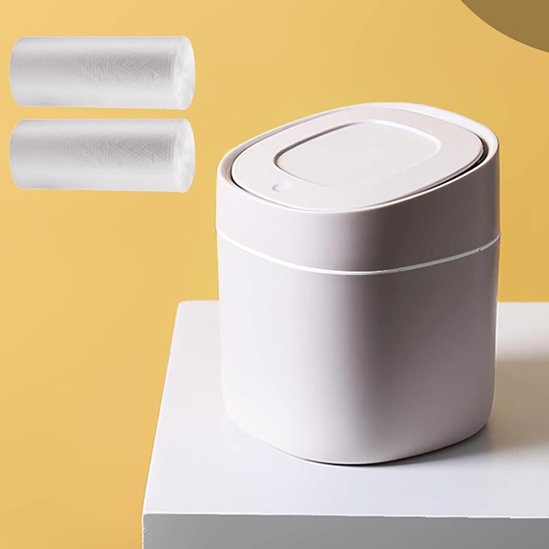 LTWQLing Plastic Mini Trash Can with Lid - 2 L Pop Up Wastebasket for Bathroom Vanity, Desktop, Tabletop or Coffee Table - Dispose of Cotton Rounds, Makeup Sponges, Tissues (Grey)