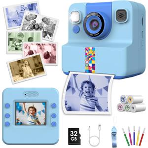 Kids Color Instant Print Camera,Kids Camera with 5 Color Photo Paper.Christmas Birthday Gifts for Girls Age 3-12(Blue)