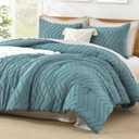 Litanika Comforter Super King Size Set Grayish Teal, 3 Pieces Chevron Tufted Solid Bedding Comforter Sets, Fluffy Bed Set