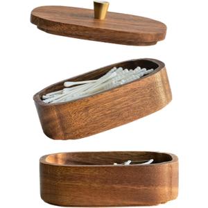 Acacia Wood Qtip Holder Bathroom Jars with Lids, Double-Layer Canisters for Cotton Ball/Round/Pads, Floss Pick Storage, Jars for Bathroom Countertop/Vanity Organizer, Home Decor, 4.72"L x 3.27"W x 2.95"H