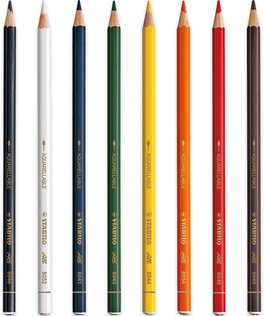 STABILO All Watercolour Effect Pencil - Assorted Pack of 8 Pencils - Black, White, Blue, Green, Yellow, Orange, Red & Brown