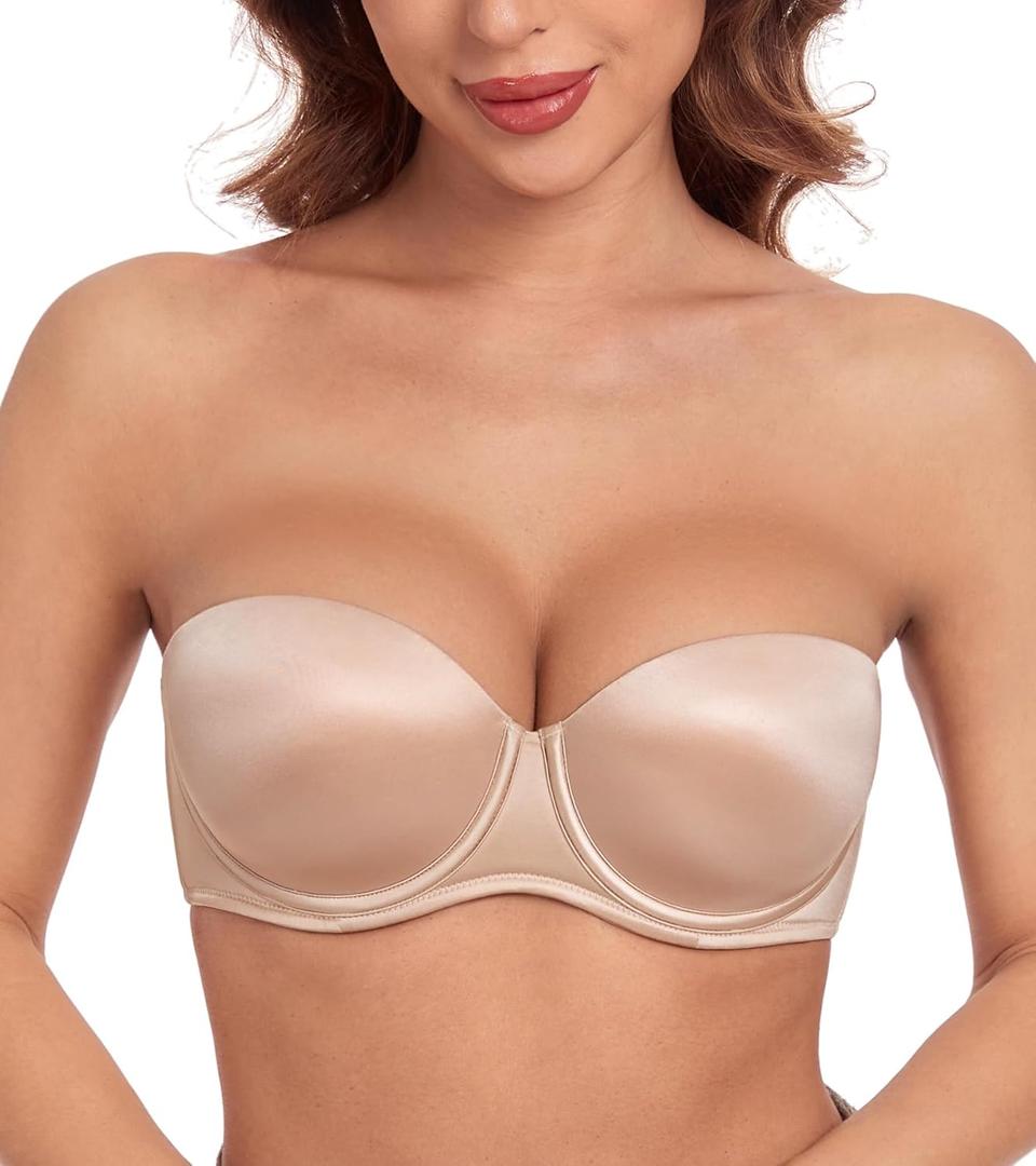 HACI Push up Strapless Bra Thick Padded Demi Underwire Add a Cup Convertible Straps Tshirts Multiway (Beige) 36A