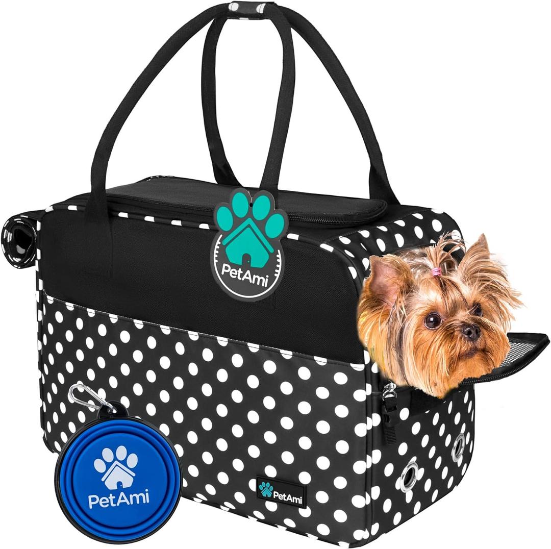 PetAmi Dog Purse Carrier for Small Dogs, Airline Approved Soft Sided Pet Carrier with Pockets, Ventilated Dog Carrying Bag for Puppy Cat, Dog Travel Supplies Bag, Sherpa Bed, Max 12 lbs, Polka Dot (One Size (Pack of 1), Polka Dot Black)