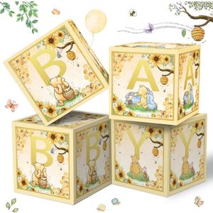 4 Pcs Bear Baby Boxes with Letters for Baby Shower Baby Shower Decorations Bear Box Blocks Gender Reveal Decorations (Yellow)