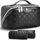 BOYATU Travel Makeup Bag Organizer: 3 Pcs Set Large Capacity Cosmetic Bags Holds 1020 100ml Full-Size Bottles for 315 Day Trips - 180Open-Flat Make up Case 3-sec touch-up - Toiletry Bag Gift women (01-Black)