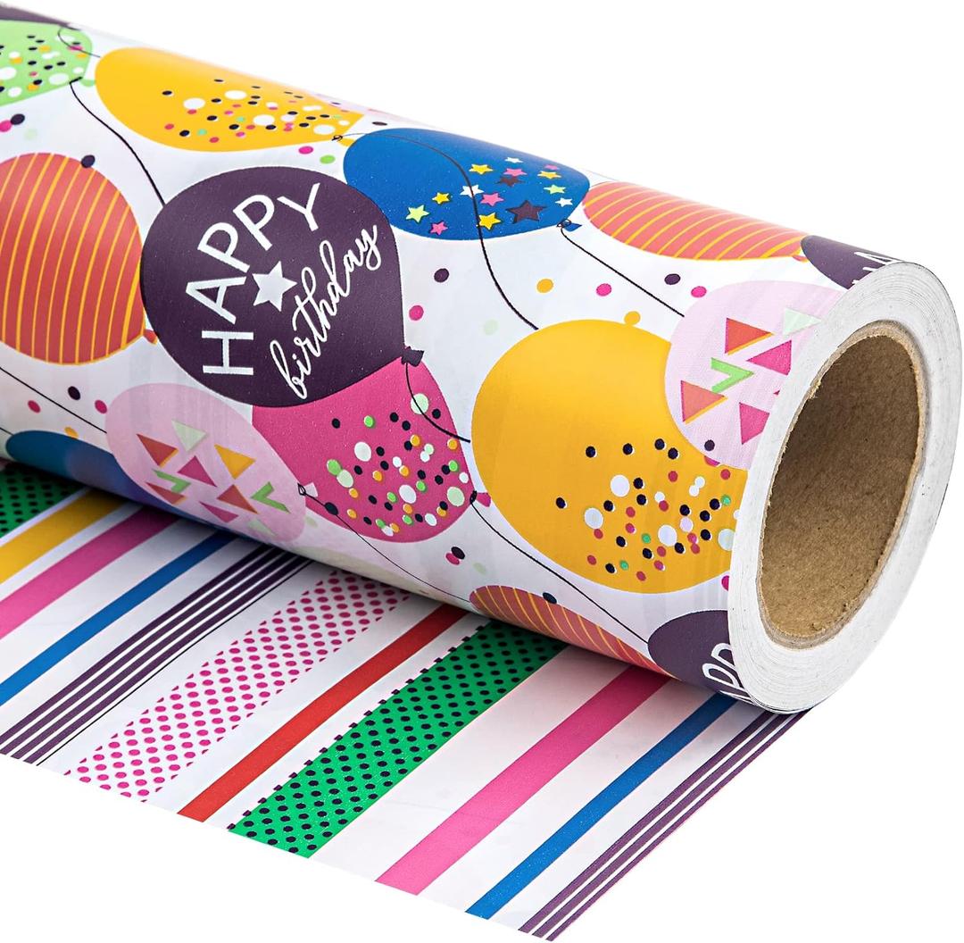 WRAPAHOLIC Reversible Birthday Wrapping Paper - Mini Roll - 17 Inch X 33 Feet - Colorful Balloon with Confetti Design for Birthday, Holiday, Party, Baby Shower