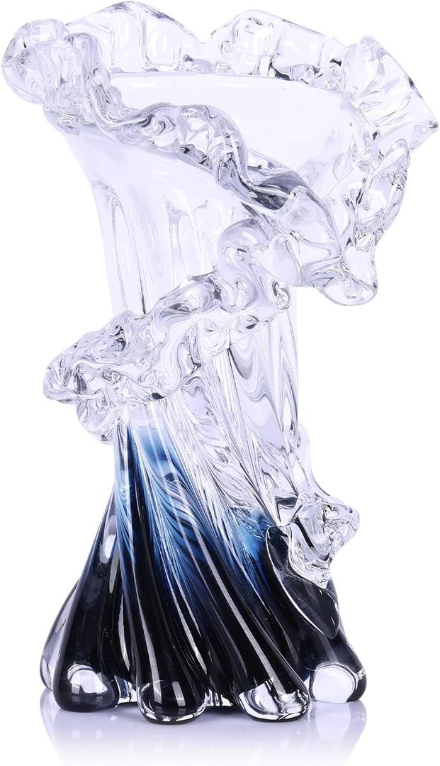 Hand Blown Blue Glass Vase, Unique Art Beautiful Ocean Glass Vase for Home Centerpiece, Coffee Table, Living Room, Office Decor - 8" H (Small)