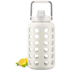 MUKOKO 84 oz Glass Water Bottles,2.5 Liter Gallon Drinking Bottle with Handle,Large Glass Water Jug with Silicone Sleeve for Gym Sports,Time Marker,Wide Mouth,White