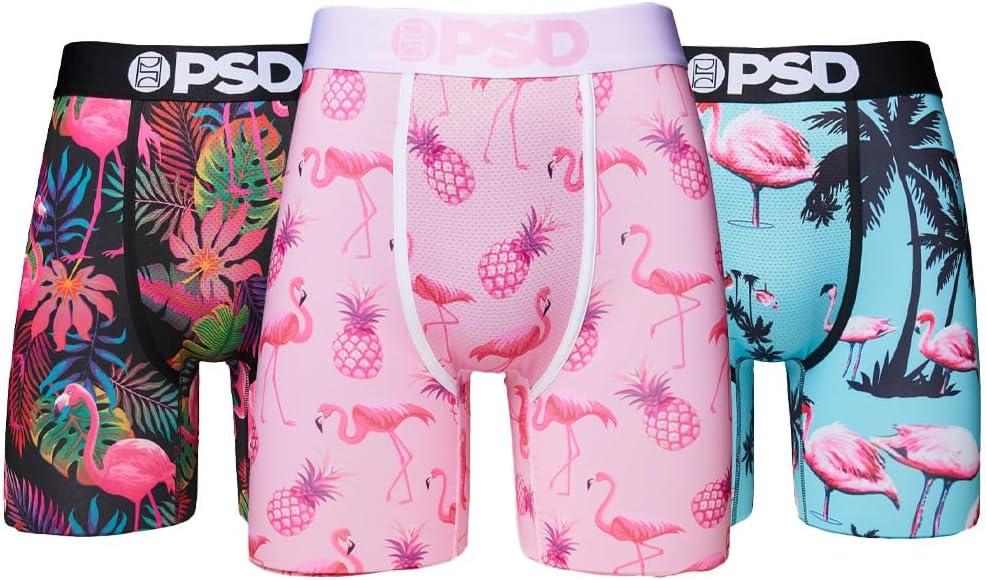 PSD Underwear Mens Boxer Briefs - Tropical, Standard Length Pack & Singles, Soft & Breathable Boxer Briefs for Men (Medium, Flamingo Jungle 3-pack)