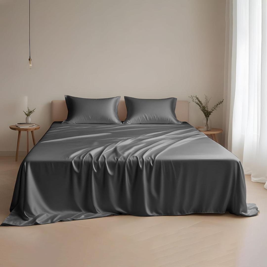 Linenwalas King Size Sheets Set Silk Soft - Austrian Eucalyptus Tencel Lyocell Bed Sheets-Organic, Cooling,Breathable, Deep Pockets Up to 16" (King, Dark Grey)