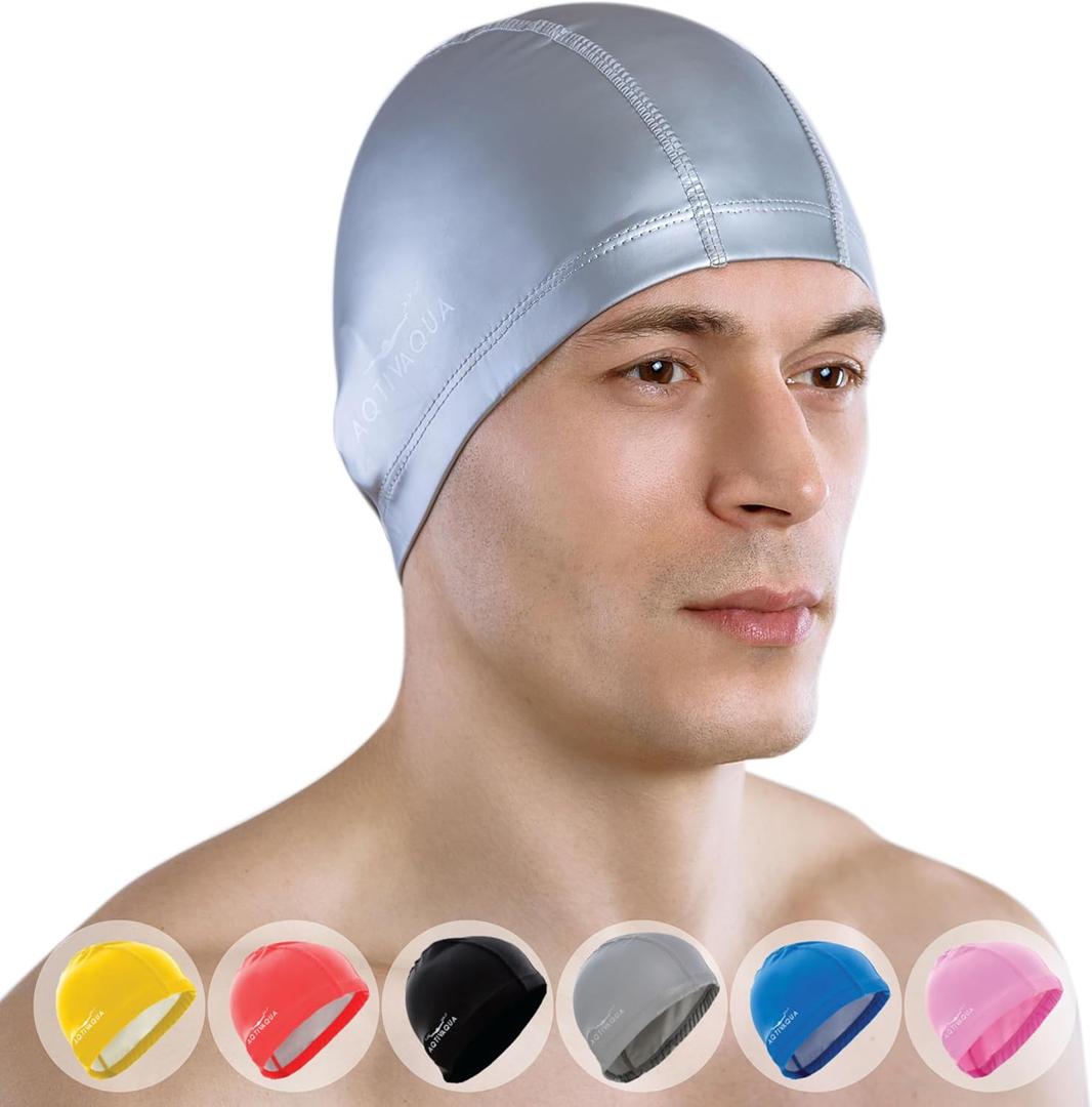 Spandex Swim Cap with Protective Layer // Comfortable Swimming Cap for Women Men Adult and Kids (Silver)