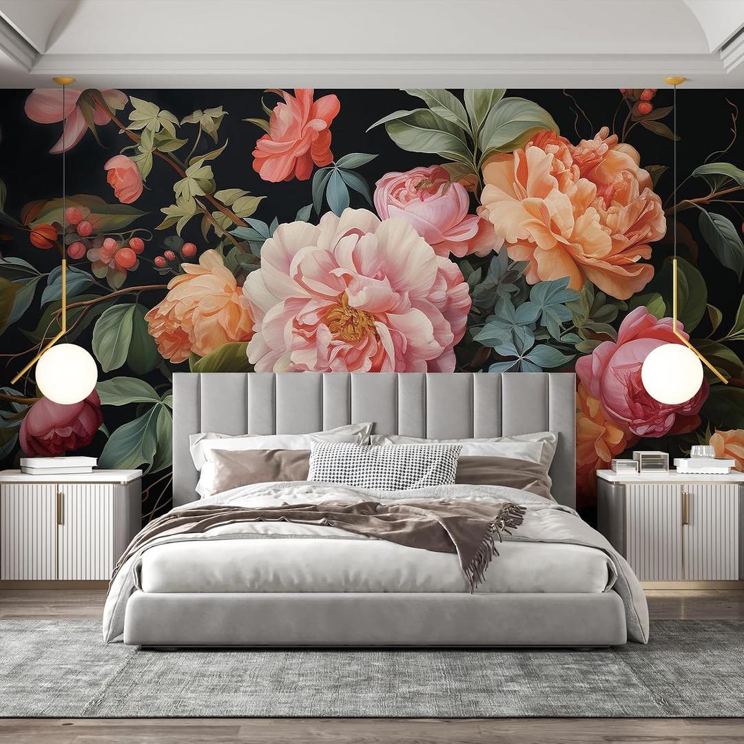 Zeeko Vintage Large Floral Peel and Stick Wall Murals 148" W x 98" H, Pink/Orange/Green
