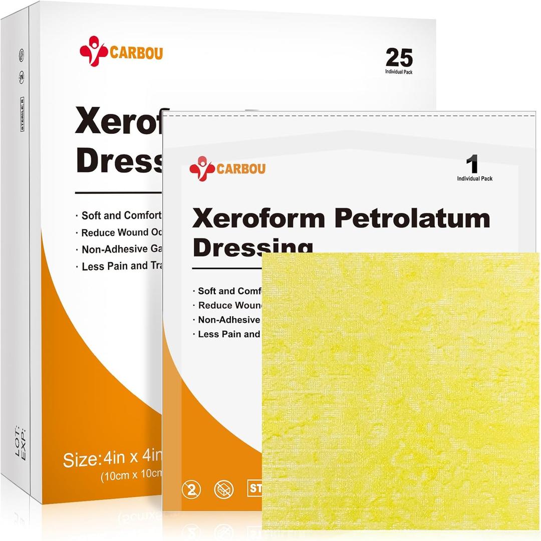 Carbou 4"x4" Medical Xeroform Petrolatum Dressing, Non-Adherent Gauze Pads, Soft Fine Mesh Gauze Patch for Wound Care, Burns, Lacerations, Skin Grafts & Surgical Incisions, 25 Individual Pack