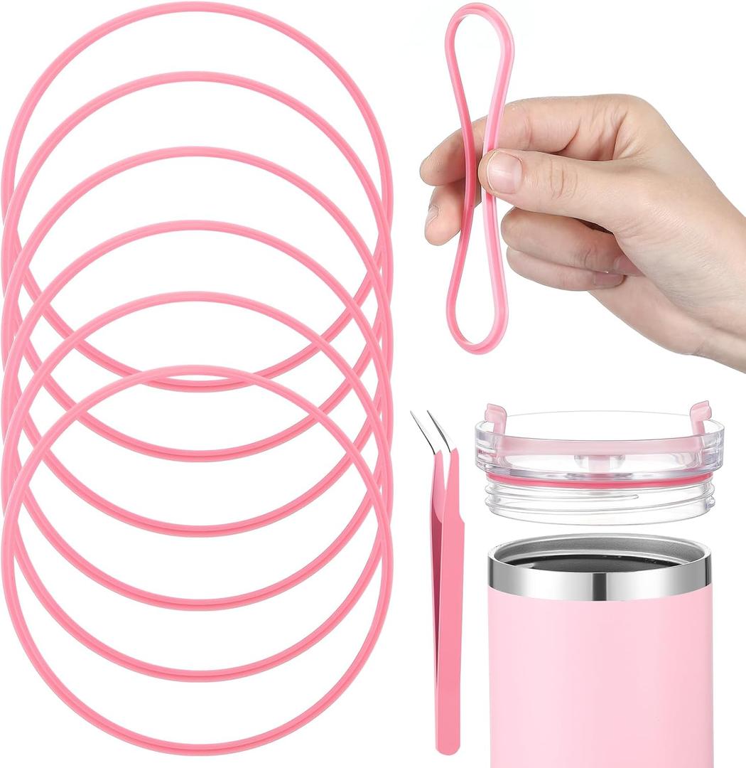 Vesici 6 Pcs 40 oz Replacement Tumbler Rubber Lid Seals and Tweezers for Easy Removal 3.35 Inches O Shaped Resealable Lid Gaskets for 40 oz Tumbler with Handle (Pink)