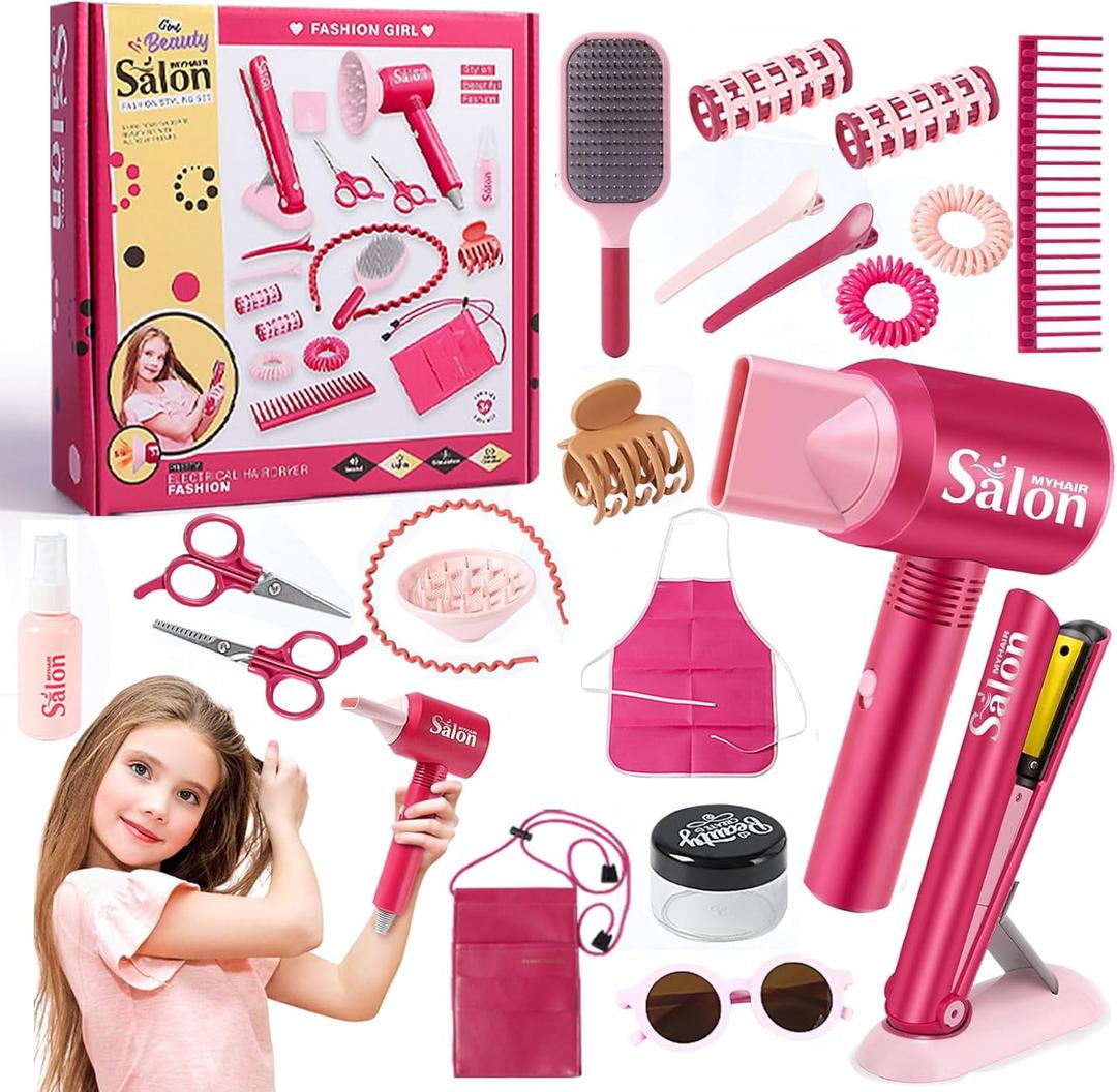 21Pcs Girls Hair Salon Toys, Beauty Salon Set with Pretend Play Hair Salon Stylist Toy Kit with Barber Apron, Hair Dryer, Mirror, Scissors and Styling Accessories