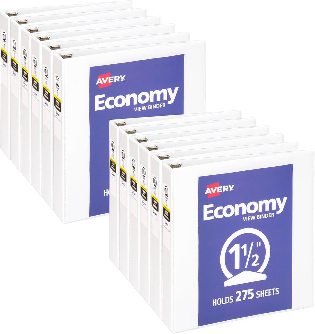 Avery Standard View 3 Ring Binders, 1.5" Round Rings, 275-Sheet Capacity, 2.1 Inch Wide Spine, White Binders, Ideal for Lightweight Organization and Occasional Referencing (12-Pack of 05726)