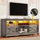 DWVO Farmhouse TV Stand with Power Outlets & LED Lights, Entertainment Center for TVs up to 80", TV Console with Storage Cabinets & Open Shelves for Living Room (Washed Grey) (70")