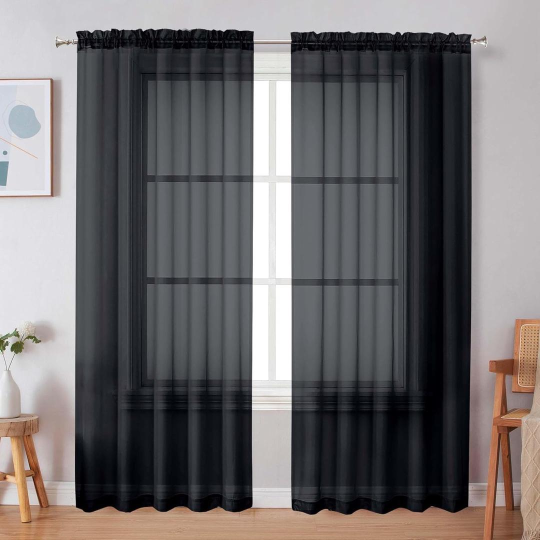 Simplebrand Black Sheer Curtains, 72" Length, 2 Panels Set - Light Filtering, Rod Pocket Window Curtains for Bedroom (Black, 59" W x 72" L)