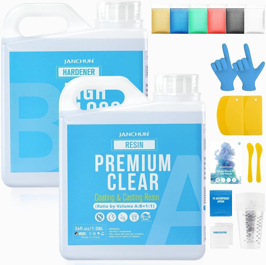 JANCHUN Crystal Clear Epoxy Resin Kit 72oz, Bubble-Free, Anti-Yellowing, Self Leveling Easy Mix 1:1 Coating and Casting Resin for Table Top, Molds, Tumbler Crafts, Painting, Jewelry, DIY Gifts