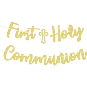 Hemicha Gold Glitter First Holy Communion Banner, Religious Occasion Banner for Kids' First Holy Communion, Baptism, Baby's 1st Birthday