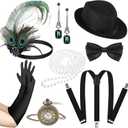 2 Sets 1920s Flapper Accessories for Women Men Roaring 20s Gatsby Halloween Costume Accessories Feather Headband Gangster Hat(Black, Green, Classic Style)