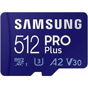 Samsung PRO Plus microSD Memory Card + Adapter, 512GB microSDXC, Up to 180 MB/s, Full HD & 4K UHD, UHS I, C10, U3, V30, A2, for Android Smartphones, Tablets, GoPRO, and DJI Drone (MB MD512SA/AM)