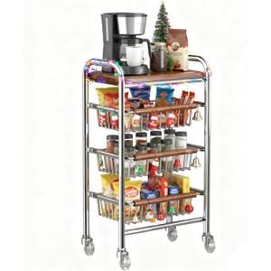 Fruit Vegetable Basket, 4 Tier Kitchen Storage Cart with Wooden Panel and Pull-Out Baskets, Snack Cart with Wheels for Fruit Potato Onion Vegetable Bread Snack