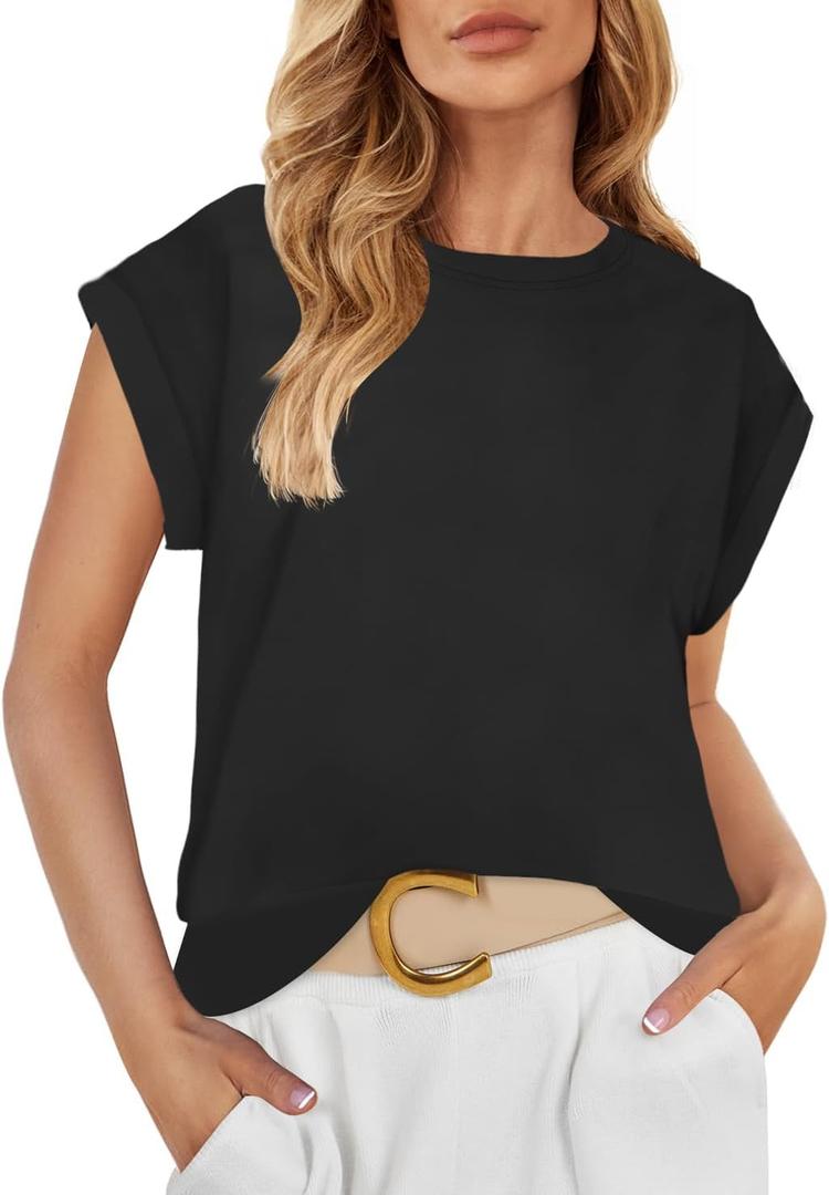 ZESICA Womens Summer Cap Sleeve Crewneck Tops Casual Loose Striped T-Shirts Basic Tees (Small, Darkblack)