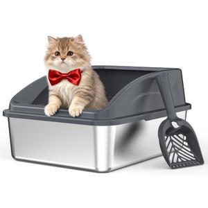 Stainless Steel Litter Box | Metal Kitty Litter Box with Lid High Sided for Small Cats or Injured Cats, Bunny Litter Boxes, Low Entry, Odor-Free, Non-Stick,Includes Scoop (Dark Gray, Small)