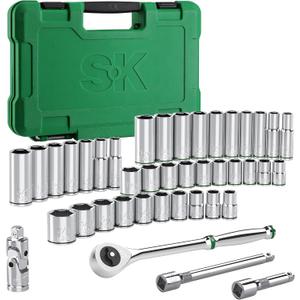 SK 3/8" Drive Socket Set with 216-P Quick-Release Ratchet, 41-Piece, SAE & Metric, SuperKrome Finish, Premium CR-V Construction, with Storage Suitcase