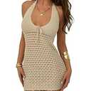 Milumia Women's Tie Backless Mini Halter Dresses Sleeveless Knitted Vacation Beach Dress Apricot Medium