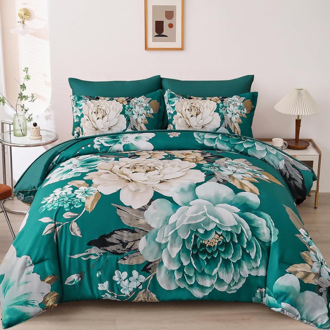 Dintszyayue Teal Comforter Set Queen 7 Pieces Bed in a Bag Elegant Floral Bedding Sets Teal Blue Flower Comforter Complete Soft Lightwieght Bed Set with Flat Sheet, Fitted Sheets, Pillowcases & Shams