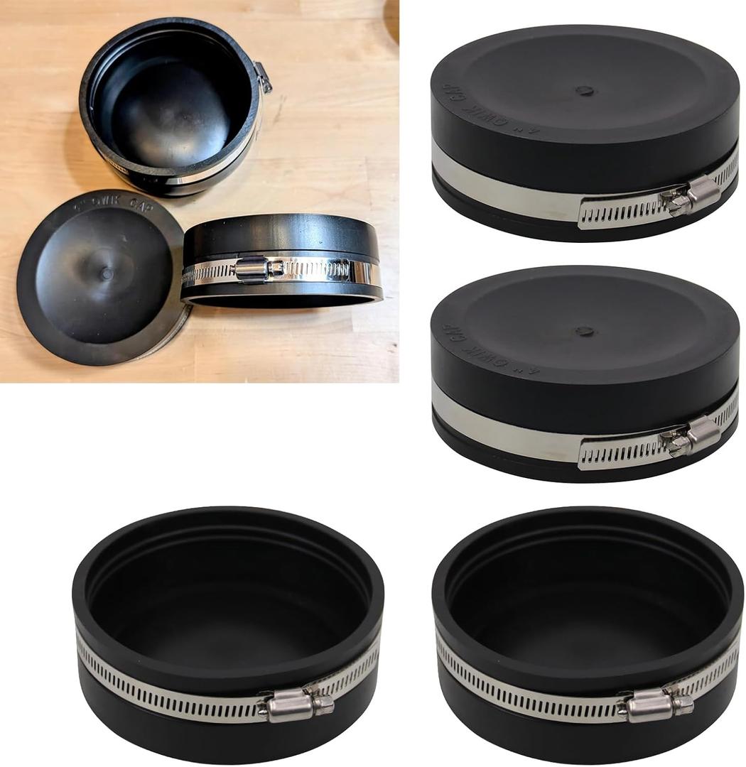 4 PCS 4" Flexible PVC Cap with Stainless Steel Clamps Black PVC Sewer Cap RV Plumbing