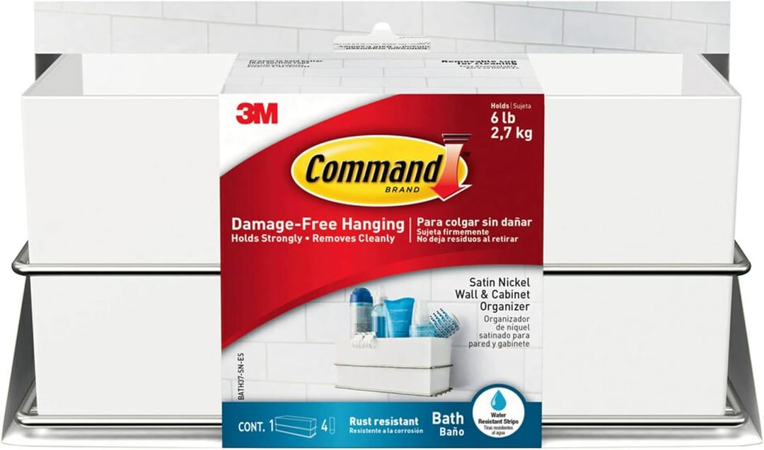 Command Wall and Cabinet Organizer, Holds up to 6 lb, 9.5" x 4.4" x 4.4", Satin Nickel, 1 Bathroom Organizer with 4 Water Resistant Strips Damage Free Storage for Toothbrush, Lotion, Facial Cleanser