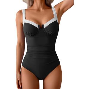 B2prity Women's Underwire One Piece Swimsuits Tummy Control Bathing Suits Push Up Swim Suit Color Block Swimwear (Medium, Black, White)