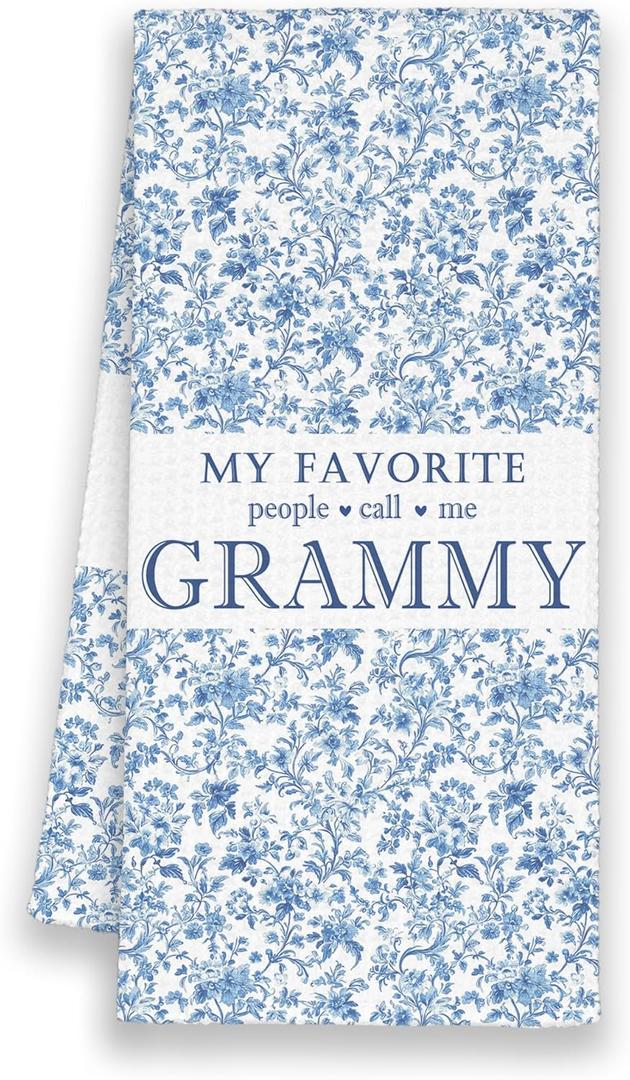 My Favorite People Call Me Grammy Gifts Kitchen Towels, Grandma Bathroom Hand Towels Gifts for Christmas Mother's Day, Blue And White Porcelain Chinoiserie Floral Tea Dish Towel Decor 16x24in