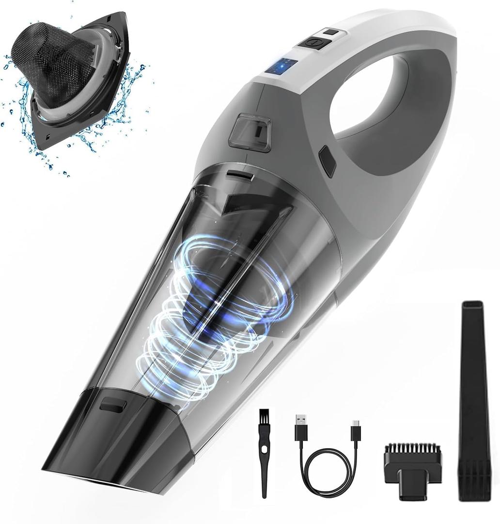 Hihhy Handheld Vacuum Cordless, Portable Rechargeable Car Vacuum with 9000PA Powerful Suction, Hand Vacuum with 9 Filters, Hand Held Vacuum Cordless for Car, Home, Pet(Grey)