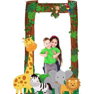 Jungle Party Decorations Jungle Animals Photo Booth Props Safari Animals Hanging Banner Safari Picture Frame Wild Animal Photo Backdrop for Baby Shower Birthday Party Supplies 4.4x6.3ft