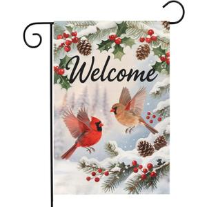 2 x Welcome Winter Garden Flag 12x18 Inch Cardinal Bird Xmas Holiday Seasonal Theme Decorative Yard Flags for Outside Double Sided Outdoor Home Farmhouse Decoration Porch New Year Decor