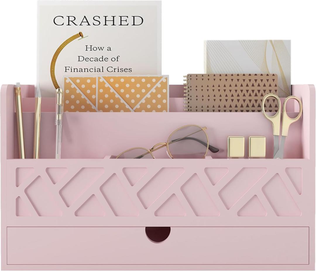 Wisuce Bamboo Mail Organizer Countertop Desktop with Drawer - All-in-One Desk File Organizer with Pencil Holder (Pink)