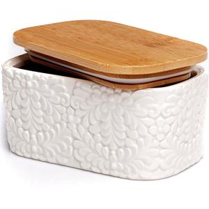 Butter Dish with Airtight Bamboo Lid for Countertop & Fridge - Ceramic Butter Dish Keeper with Nature-Inspired Engraving