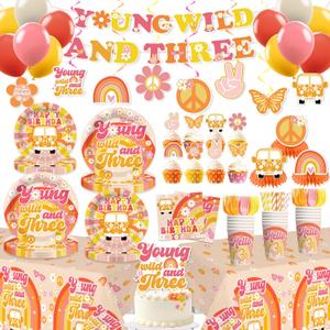 183pcs Young Wild and Three Party Decorations Tableware Set, Wild and Three Party Decorations Plate Napkins Tablecloth Banner for 3 Year Old Birthday Decorations Girl