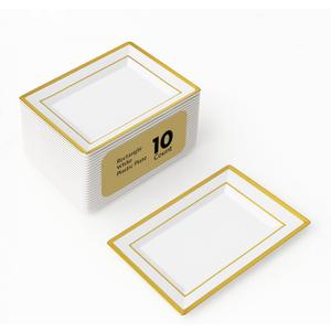 Restaurantware Moderna 9.5 x 6.3 Inch Premium Disposable Plates 10 Rectangular Plastic Plates For Parties - Gold-Rimmed Durable White Plastic Dinner Plates For Warm And Cold Foods
