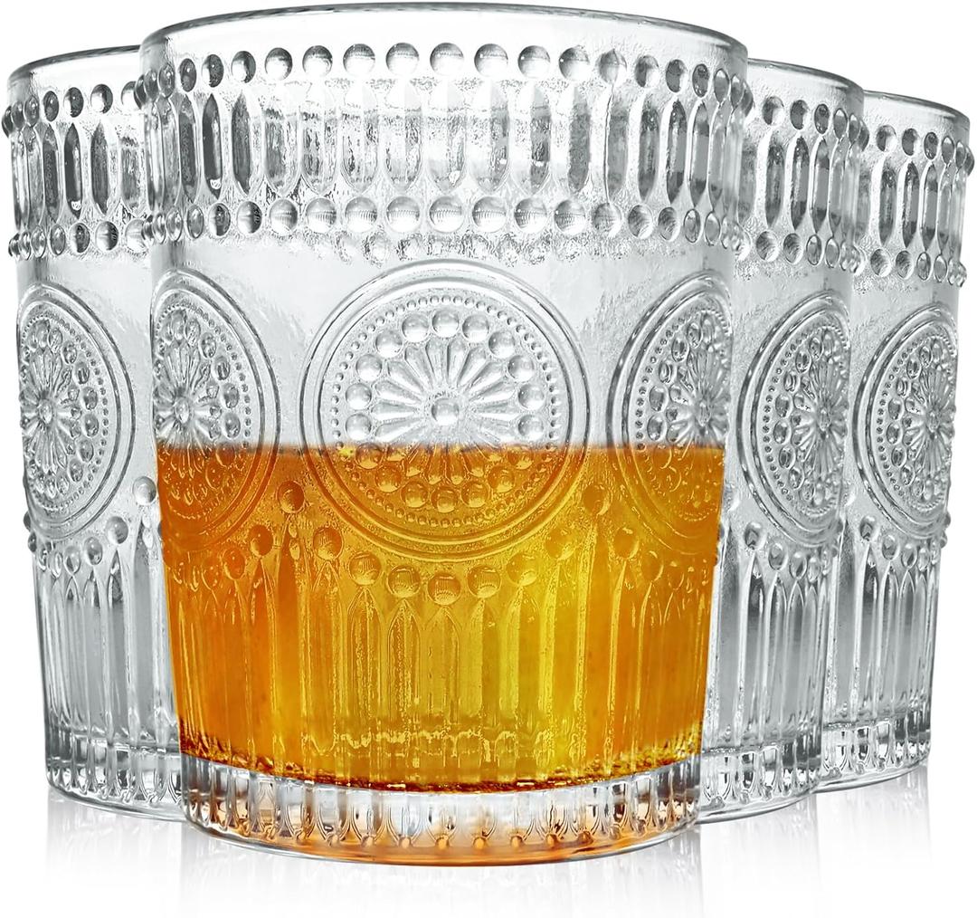 MSJGA Old Fashioned Glasses Set of 4, 10 Oz Vintage Embossed Whiskey Glasses, Bubble Textured Drinking Glasses for Bourbon, Cocktails, Water, Ideal Gift for Party Wedding Home Office
