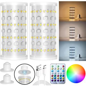 2 Packs Rechargeable Emergency Light Bulbs with Remote and Timer, 10000 mAh Battery Operated Light Bulb For No-Hardwired Fixture, RGB Dimmable Wireless Light Bulbs For Home Power Outage Hurricane