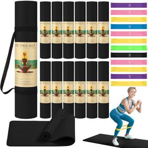 Hoolerry 36 Pieces Yoga Mats Sets Includes 12 Pcs Yoga Mats Bulk 68 x 24 x 6mm Thick Exercise Mat Non Slip 12 Resistance Bands 12 Carrying Straps for Women Girls for Gym Pilates