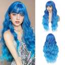 Long Blue Wavy Wig With Bangs for Women 26 Inch Curly Wavy Wig With Bangs Natural Looking Synthetic Heat Resistant Fiber Wig for Daily Party Use