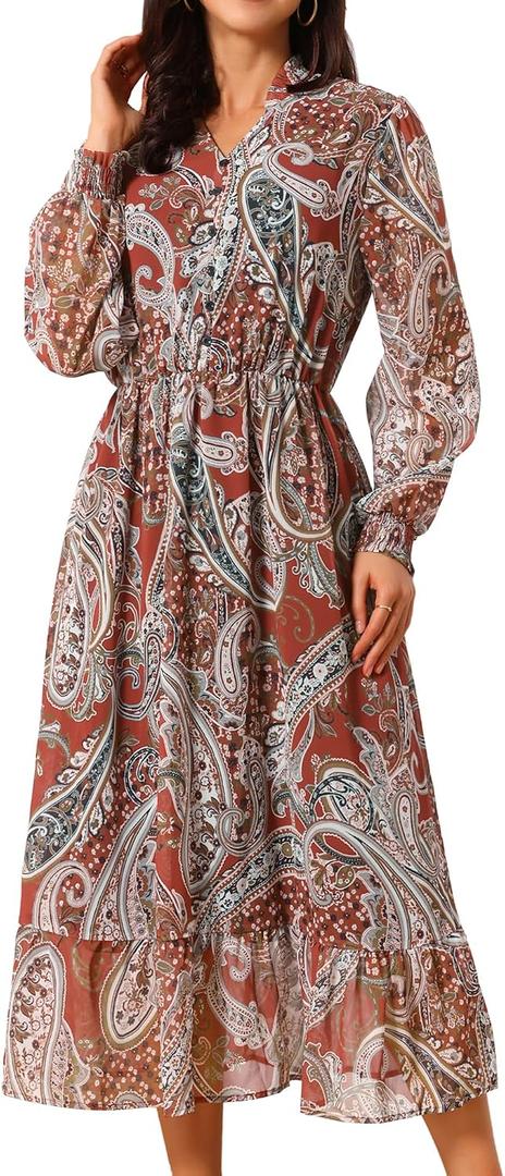 Seta T Women's Boho Floral Dresses A-Line Long Sleeve Chiffon Midi Dress (Orange, L)