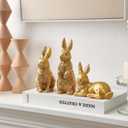 AOMOONOA Gold Bunny Decor, Easter Rabbit Figurines Set of 3, Resin Rabbit Statues, Golden Bunnies for Spring Tabletop Centerpiece, Mantle Shelf Decor (Gold With Textured Fur)